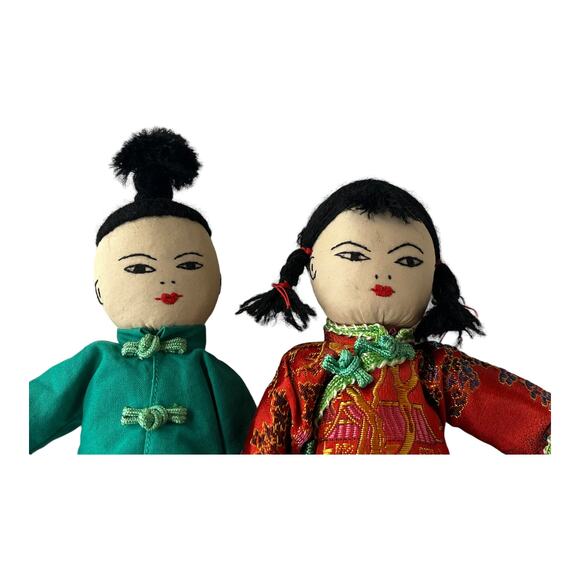 VTG Asian Japanese DOLLS 8" Embroidered Cloth Boy Girl Silk Kimono Top Pants - Picture 2 of 11